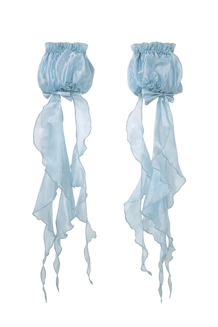 Blue [Dreamy Jellyfish] Square Collar Sleeveless Printed Ruffled Lace Sweet Lolita Jsk Dress Set - Hand-Sleeves(Only) - 12