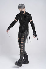 Black Long Sleeves Strap Lace-Up Irregular Mesh Men's Gothic T-Shirt - Product - 8