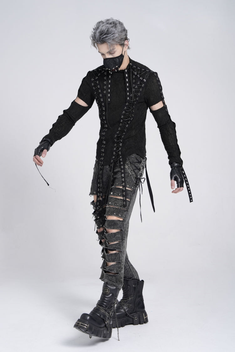 Black Long Sleeves Strap Lace-Up Irregular Mesh Men's Gothic T-Shirt - Product - 8