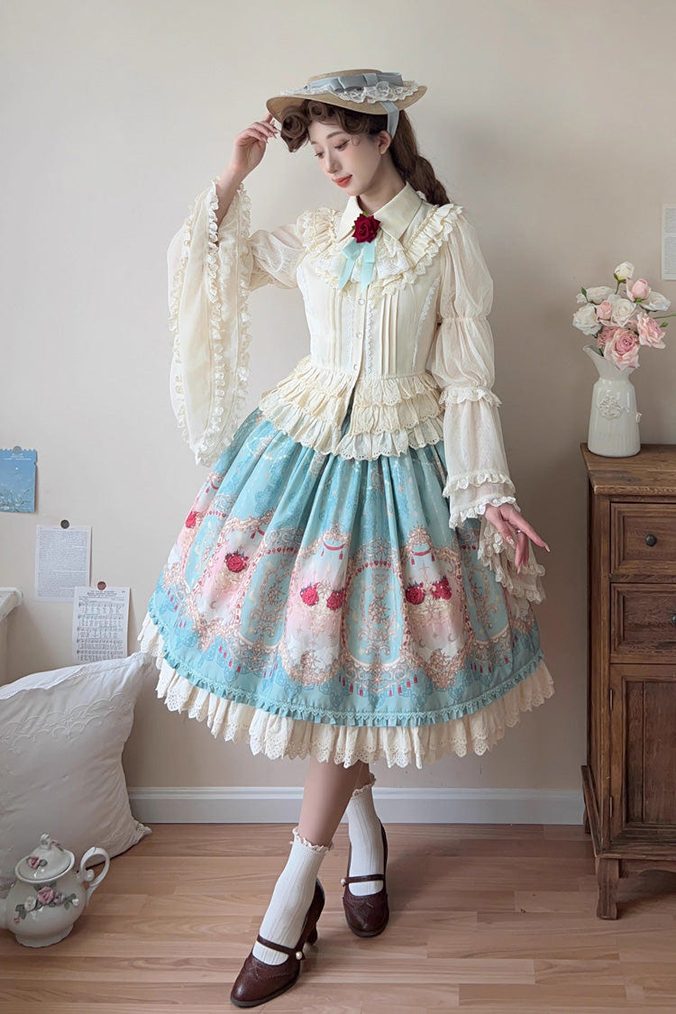 Blue [Moonlit Garden Secret] Print Ruffle Embroidery Lace Sweet Elegant Palace Lolita Skirt - Product - 3