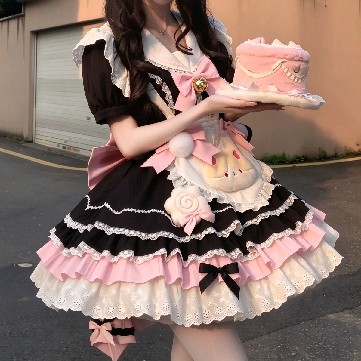 Black and Pink Striped Ruffled Maid Lolita Dress with Apron Accent - view 3