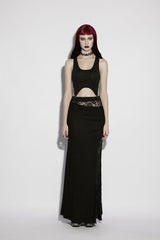 Black Cut-Out Rose Lace Splice Side Slit Asymmetric Women's Gothic Skirt - Product - 2