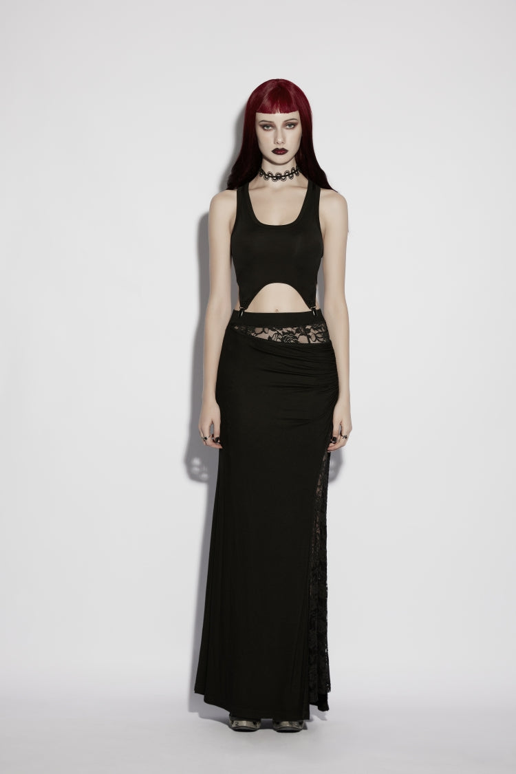 Black Cut-Out Rose Lace Splice Side Slit Asymmetric Women's Gothic Skirt - Product - 2