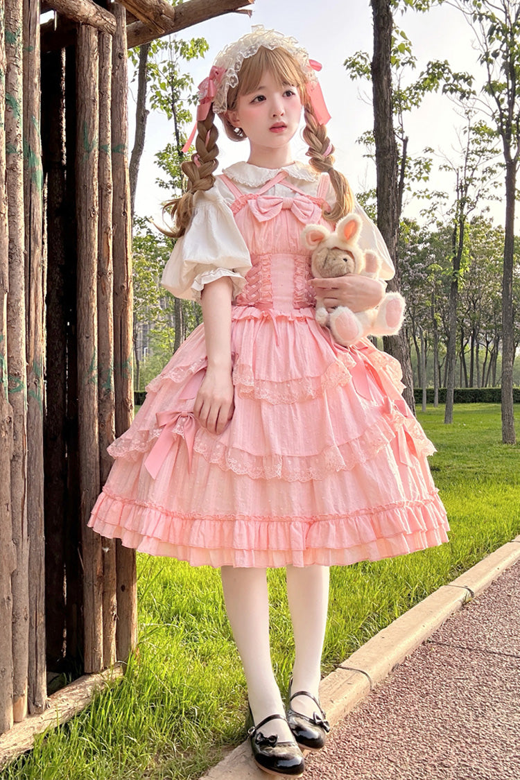 Pink [Miss Pearl] Sleeveless Double-Layered Bowknot Lace Lace-Up Sweet Lolita Jsk Dress - Pink - 1