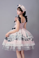 Pink [Celadon Jade Cup] Square Collar Flutter Sleeves Printed Ruffled Embroidered Bow Lace Classic Chinese Inspired Lolita Jsk Dress - Product - 4