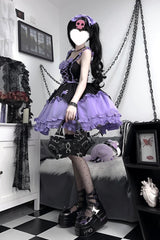 Black/Purple [Halloween Little Witch] Sleeveless Double-Layered Ruffle Bowknot Lace-Up Gothic Lolita Jsk Dress - Product - 2