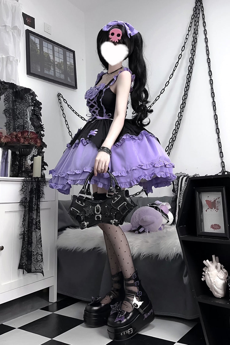 Black/Purple [Halloween Little Witch] Sleeveless Double-Layered Ruffle Bowknot Lace-Up Gothic Lolita Jsk Dress - Product - 2