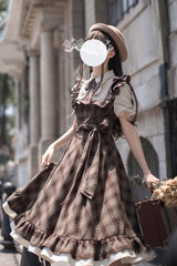 Brown [The Thames at Dusk] Print Short Sleeves Ruffle Bowknot Fake Two Pieces Vintage Lolita Dress - Product - 4