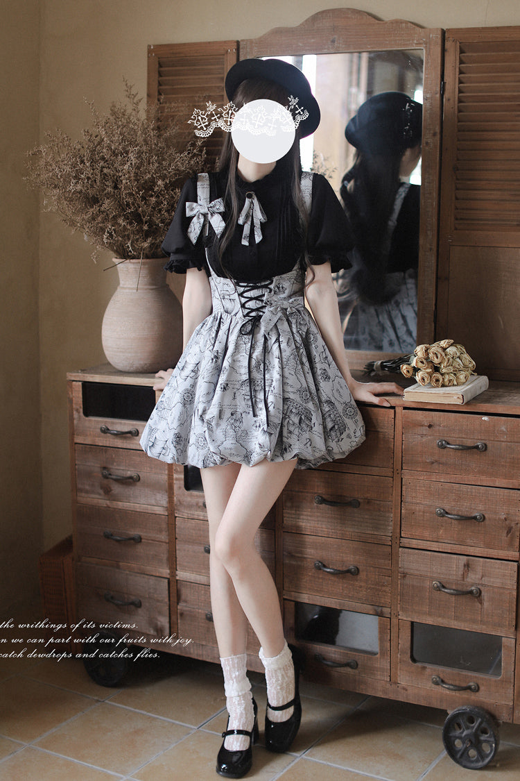 Grey [Elise] Print Bowknot Lace-Up Sweet Vintage Lolita Skirt - Product - 7