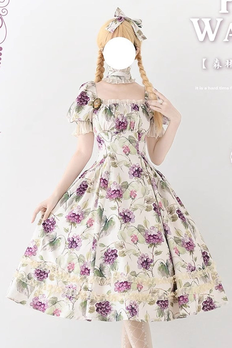[Forest Basket] Print Short Sleeves Ruffle Lace Sweet Elegant Lolita Dress 6 Colors - Product - 10