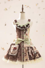 Brown Cake Chocolate Dessert Print Ruffle Bowknot Sweet Lolita Strap Dress - Product - 3