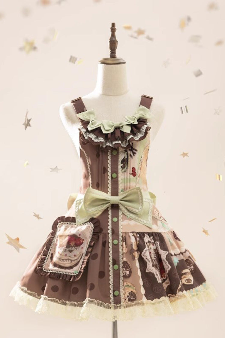 Brown Cake Chocolate Dessert Print Ruffle Bowknot Sweet Lolita Strap Dress - Product - 3