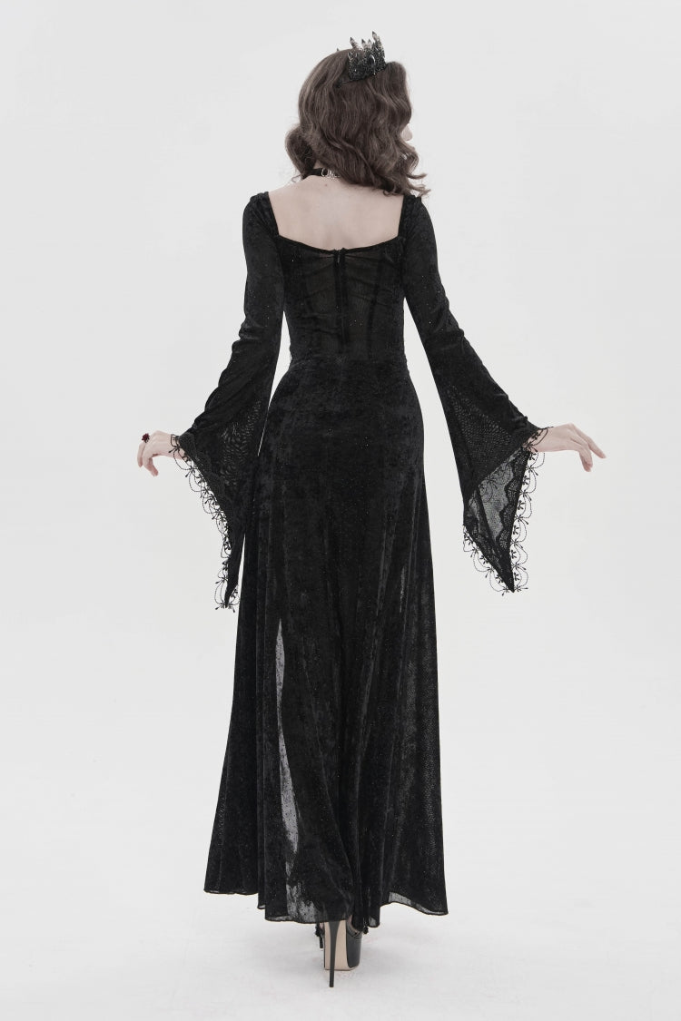 Black Halterneck Long Trumpet Sleeves Hanayome Lace Lace-Up Slim Chain-Decorated Women's Gothic Dress Plunging Split Maxi Dress - Product - 9