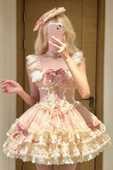 Pink Triple-Layered Bowknot Lace-Up Sweet Princess Ballet Lolita Jsk Dress - Product - 5