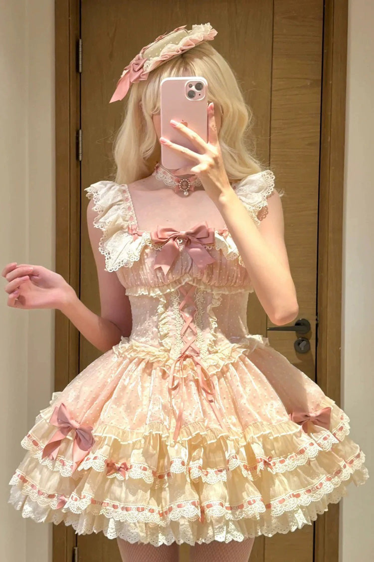 Pink Triple-Layered Bowknot Lace-Up Sweet Princess Ballet Lolita Jsk Dress - Product - 5