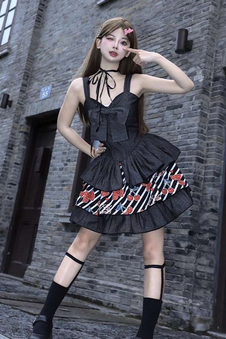 Black [Cherry] Sleeveless Triple-Layered Print Ruffle Bowknot Denim Sweet Japanese Vintage Lolita Jsk Dress - Product - 3