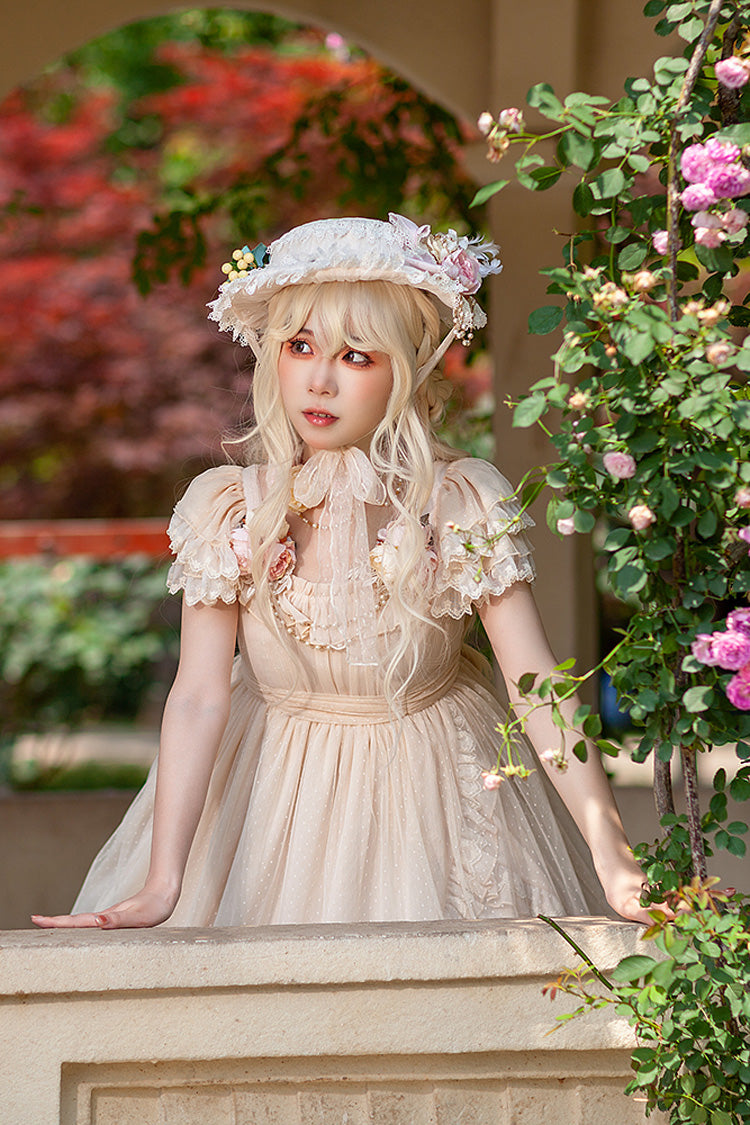 Apricot [Moon goddess *Mediana*] Polka Dot Print Ruffle Bowknot Asymmetric Sweet Elegant Lolita Dress - Product - 8