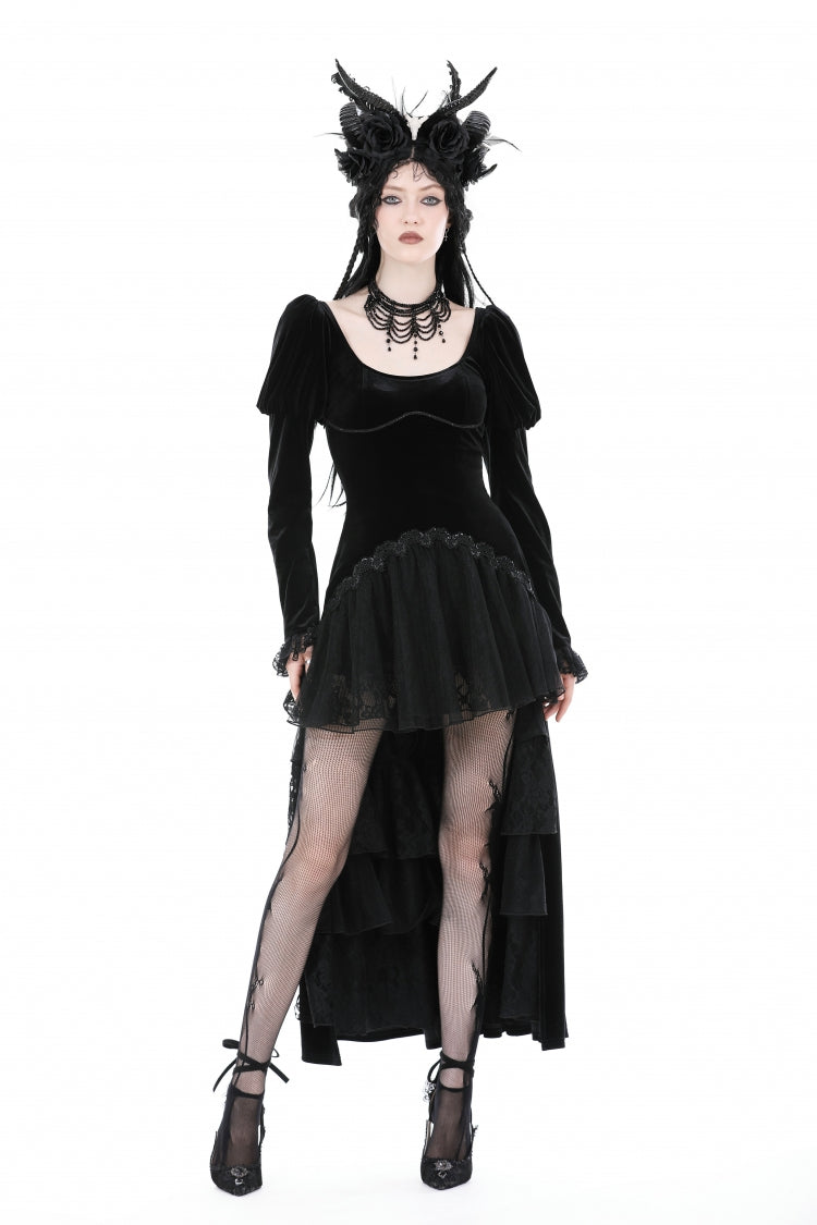 Black Round Collar Long Puff Sleeves Lace Lace-Up Hem High Low Women's Gothic Velvet Wedding Dress - Product - 5