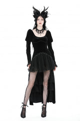 Black Round Collar Long Puff Sleeves Lace Lace-Up Hem High Low Women's Gothic Velvet Wedding Dress - Product - 5
