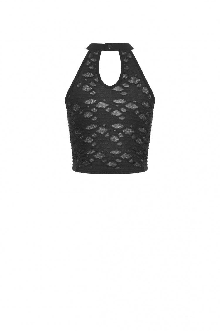 Black Halterneck Eyelet Lace-Up Ripped Women's Punk Tank Top - Product - 14