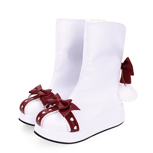 White Round Toe Bowknot Plus Velvet Sweet Lolita Boots - Product - 3