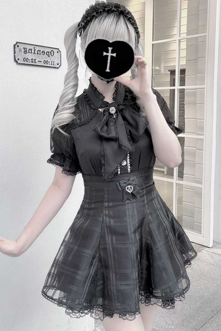 [Light Snow] Plaid Bowknot Sweet Jirai Kei Japanese Skirt 3 Colors - Black - 2