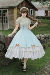 Blue [Sea Salt Snow Cap] Stand Collar Short Sleeves Petal Hem Ruffled Bow Sweet Lolita Dress Set 2 Versions - Product - 12