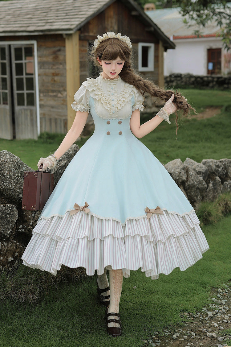 Blue [Sea Salt Snow Cap] Stand Collar Short Sleeves Petal Hem Ruffled Bow Sweet Lolita Dress Set 2 Versions - Product - 12