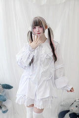 Doll Collar Long Sleeves Ruffle Bowknot Sweet Jirai Kei Japanese Blouse 3 Colors - White - 6
