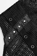 Black Sleeveless Irregular Hooded Mesh Eyelet Men's Punk Vest - Product - 6