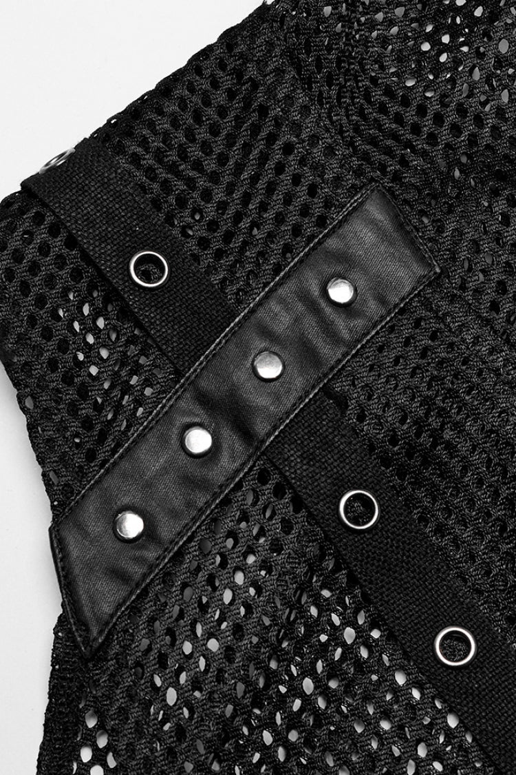 Black Sleeveless Irregular Hooded Mesh Eyelet Men's Punk Vest - Product - 6