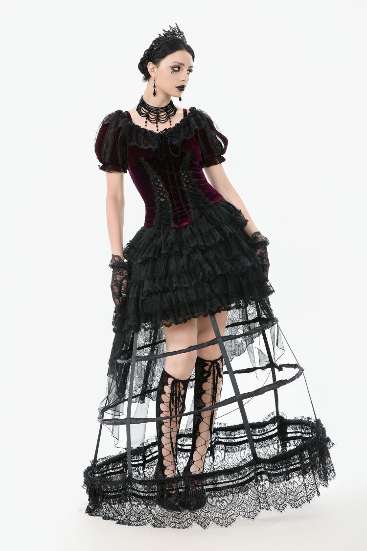 Black Ruffled Doll Collar Short Puff Sleeves Lace-Up Women's Gothic Princess Velvet Cape - Product - 9