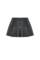 Black Faux Leather Metal Belt Buckled Pleated Women's Punk Mini Skirt - Product - 12