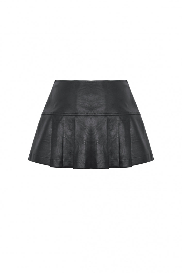 Black Faux Leather Metal Belt Buckled Pleated Women's Punk Mini Skirt - Product - 12