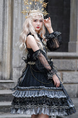 Black Starry Night Square Collar Bowknot Multi-Layer Ruffled Cardigan Gothic Lolita JSK Dress with Detached Sleeves - Product - 9