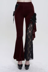 Red Velvet Single Side Stitching Rose Net Side Rope Decoration Asymmetric Pattern Flare Women's Gothic Pants - Red - 1