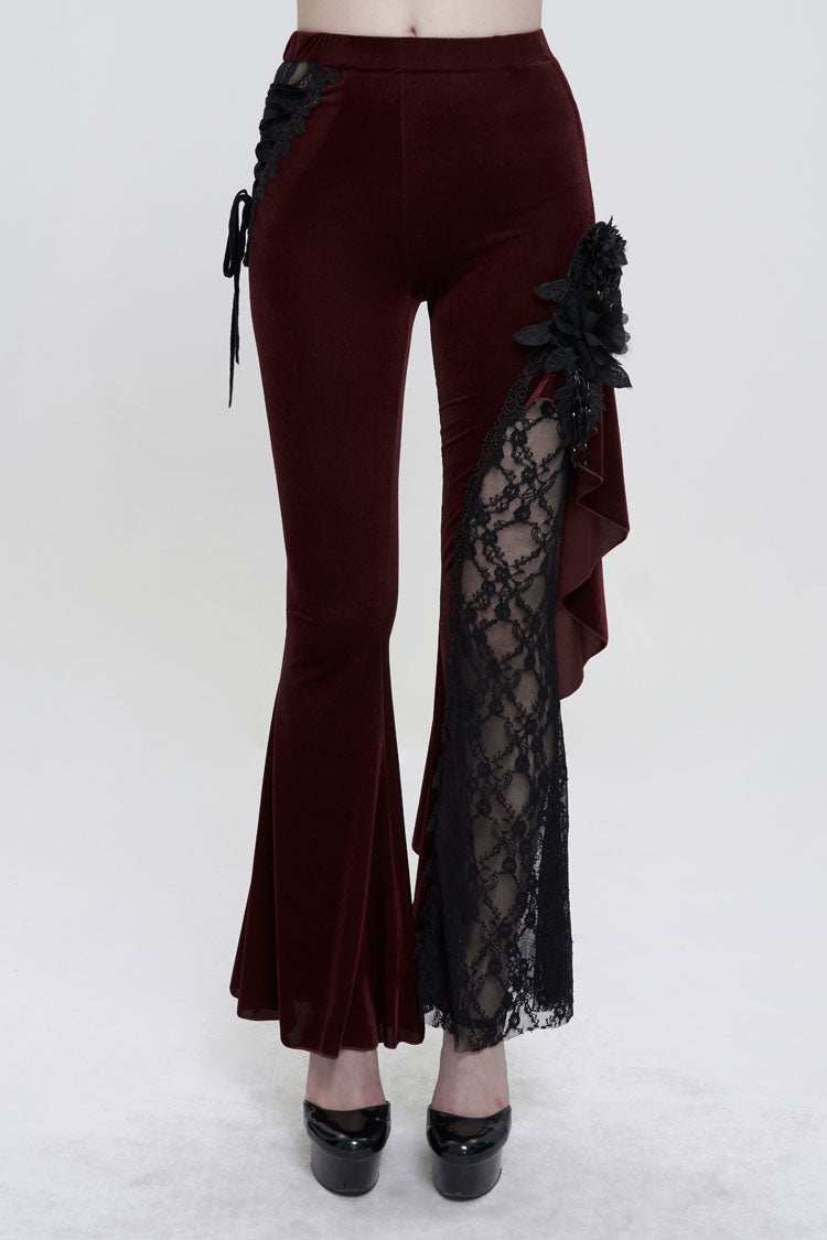 Red Velvet Single Side Stitching Rose Net Side Rope Decoration Asymmetric Pattern Flare Women's Gothic Pants - Red - 1