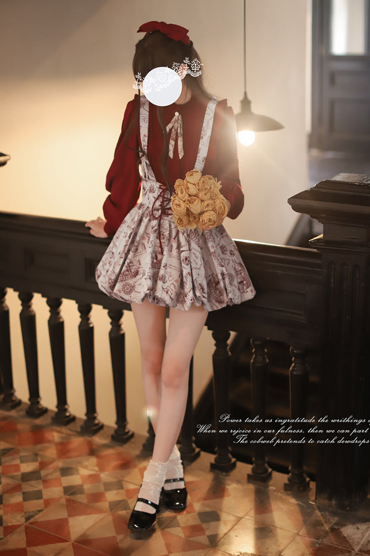 Grey [Elise] Print Ruffle Lace-Up Sweet Lolita Skirt - Product - 3