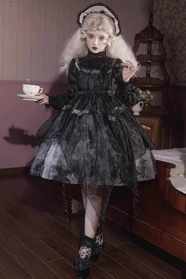 Black Stand Collar High Waisted Dead Leaves Print Tulle Gothic Princess Lolita Jsk Dress - Product - 5