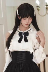 Black/White Round Collar Double-Layered Cut-Out Bow Lace-Up Classic Jirai Kei Japanese Elegant Skirt Set - Top - 10