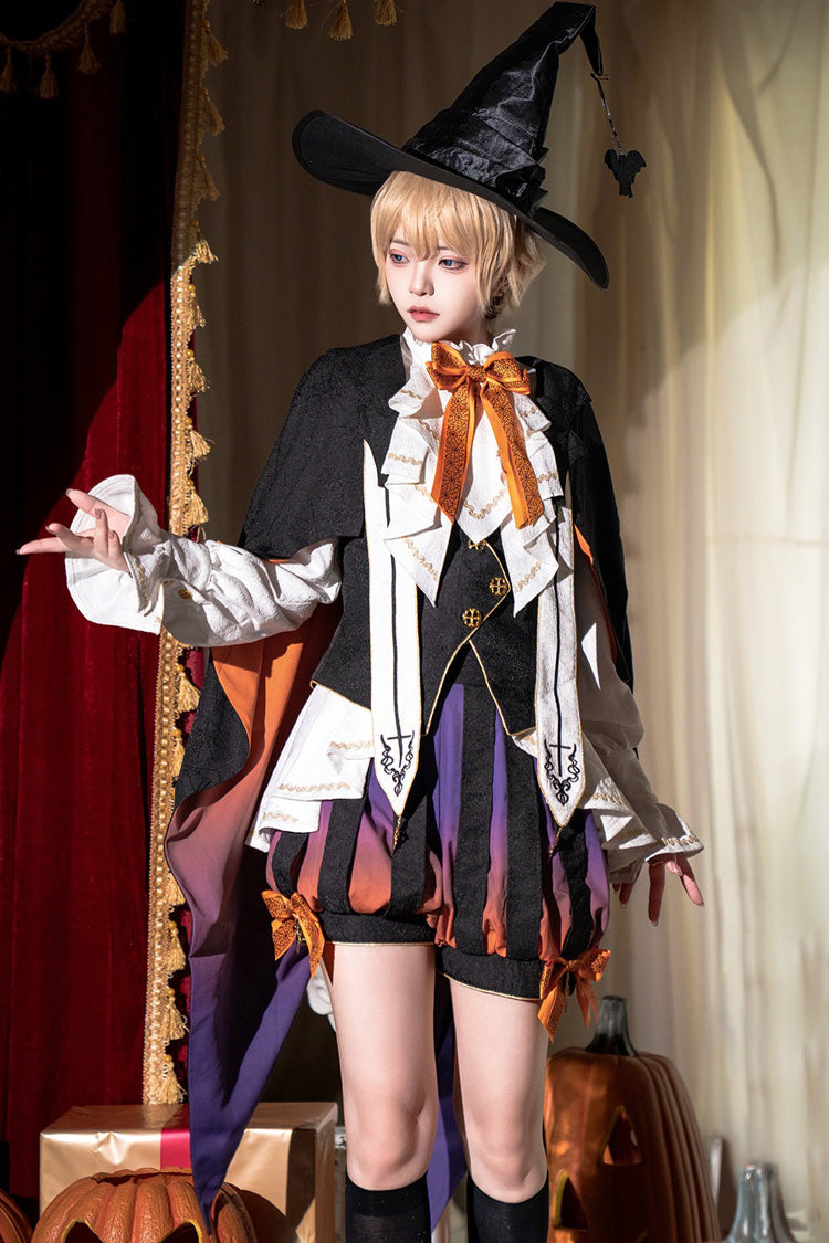 Black/Brown [Little Devil] Stand Collar Long Sleeves Gradient Print Ruffle Bowknot Gothic Prince Ouji Lolita Set - Product - 7