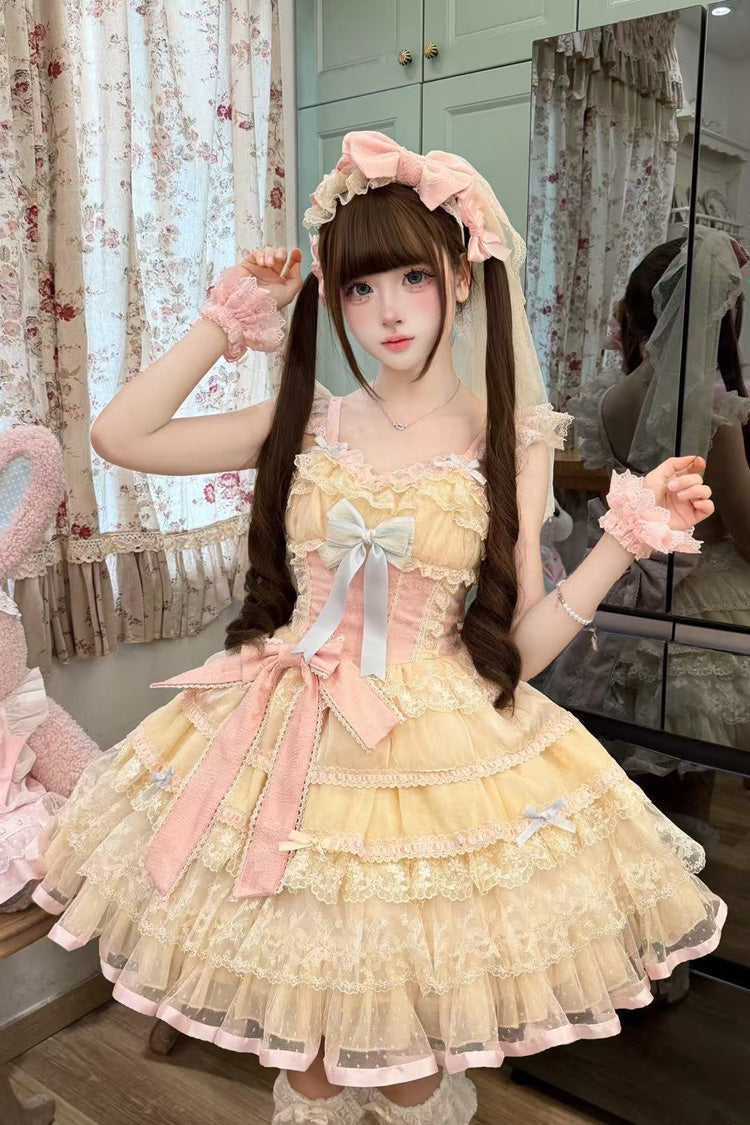 Yellow/Pink [Cream Mille-Feuille] Square Collar Multi-Layered Ruffled Bow Lace Sweet Balletcore Lolita Jsk Dress - Product - 4