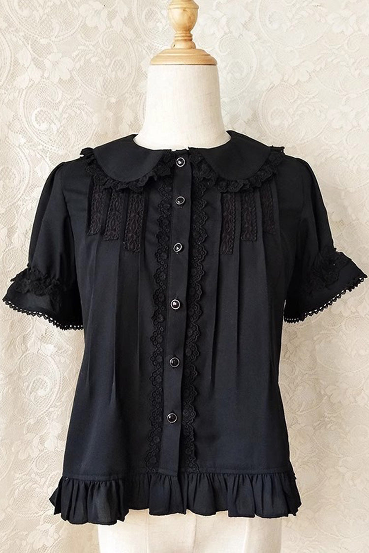 Doll Collar Short Sleeves Ruffle Lace Sweet Lolita Blouse 2 Colors - Black - 1