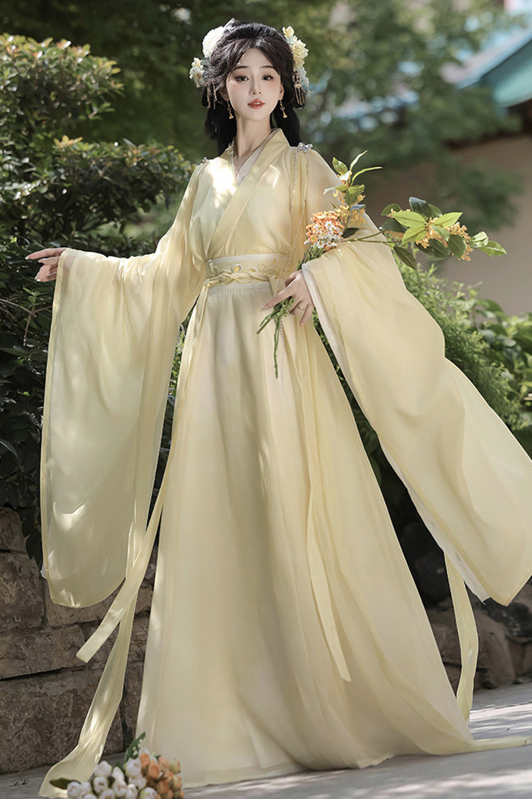 [Spring Harmony] Long Trumpet Sleeves Embroidered Chinese Inspired Hanfu Dress Set 2 Colors - Product - 12