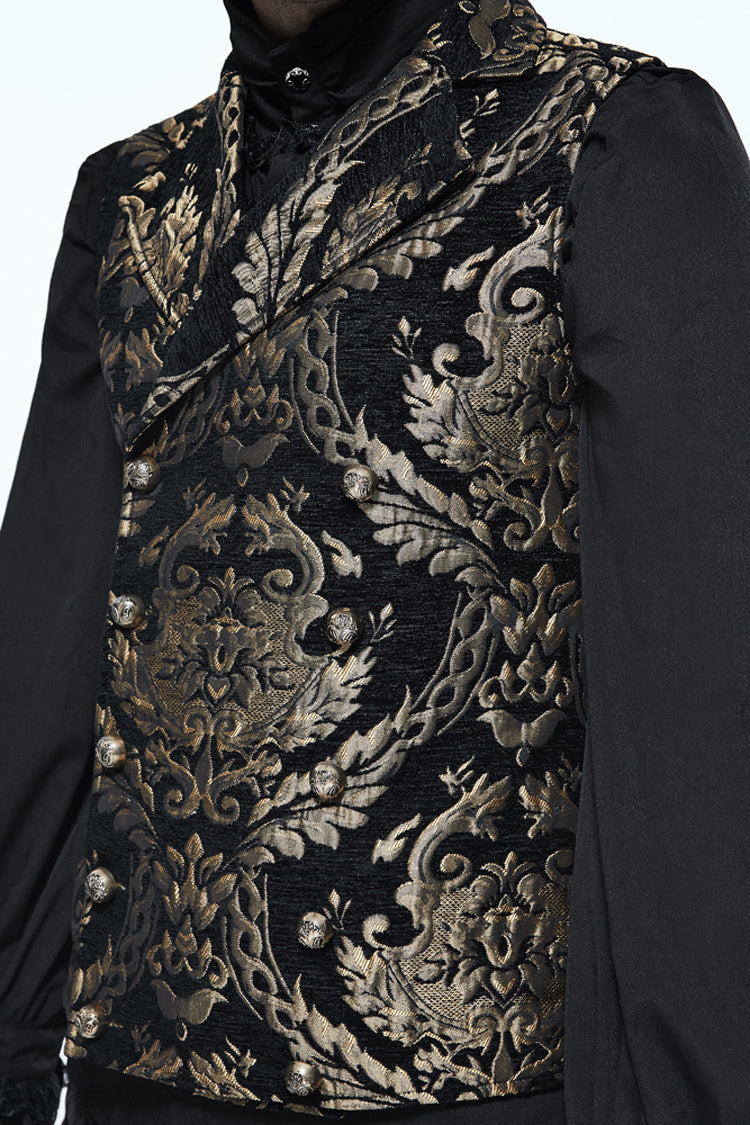 Black/Gold Short Big Jacquard Pattern Men's Gothic Waistcoat - Product - 7