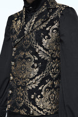 Black/Gold Short Big Jacquard Pattern Men's Gothic Waistcoat - Product - 7