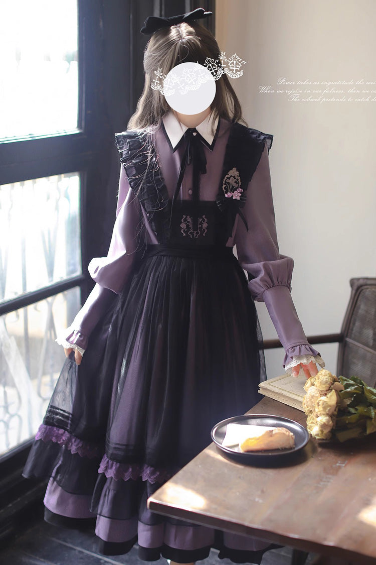 Black [Witch Academy] Double-Layered Ruffle Embroidery Bowknot Mesh Sweet Elegant Lolita Jumper Dress - Product - 3