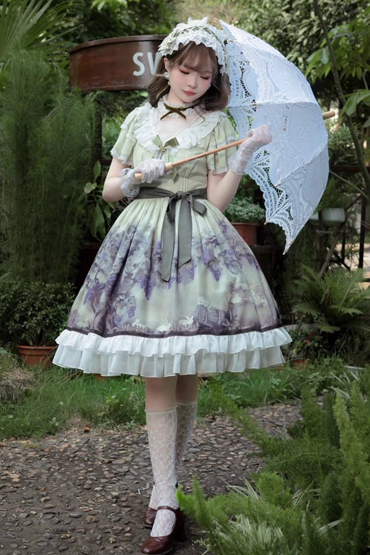 Multi-Color Short Sleeves Vineyard Print Ruffle Bowknot Sweet Princess Lolita Dress - Product - 5