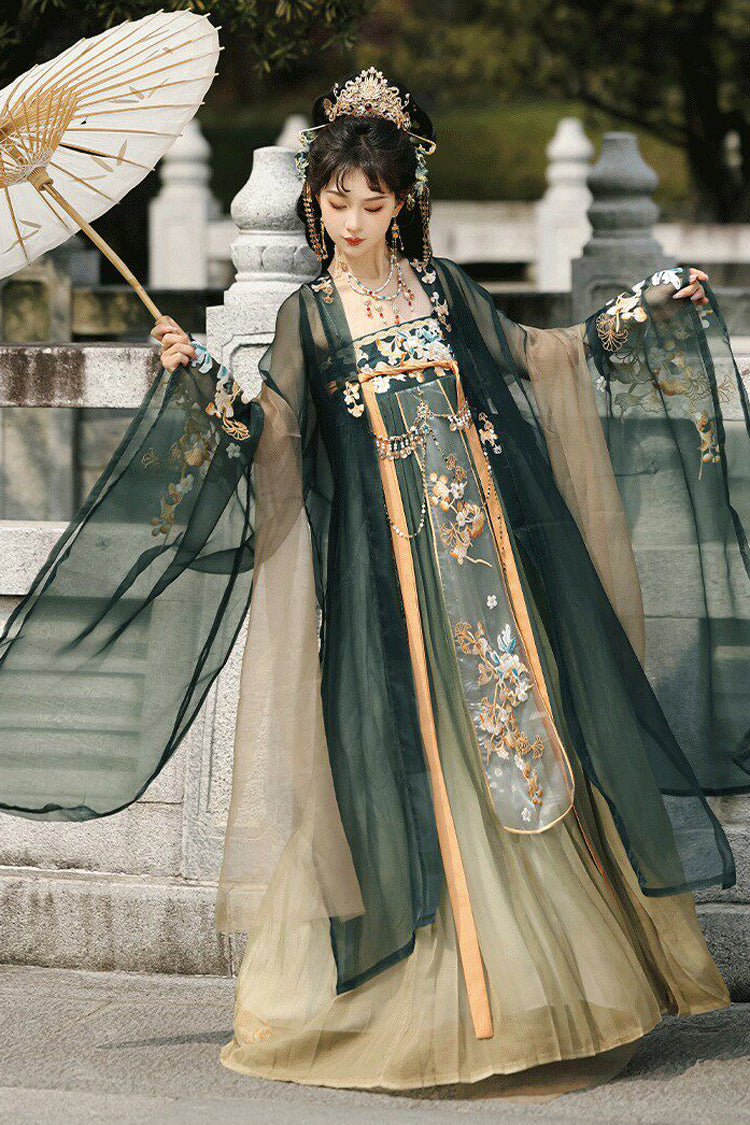 Green [Cloud Brocade And Spring Splendor] High Waisted Embroidered Women's Classic Luxurious Hanfu Dress Set - Product - 2