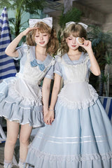 Blue [Seven Day Bell] Navy Collar Short Sleeves Printed Ruffled Bow Sweet Lolita Dress 2 Versions - Product - 6